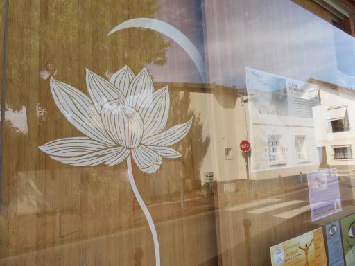 Une grande baie vitrée pour une lumière naturelle tamisée. La devanture de Manashanti Yoga.
